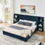 Très grand lit plateforme très grand avec rangement bleu foncé, tête de lit en velours brillant avec bibliothèques latérales et tiroir, matelas non inclus-903336891-903336894