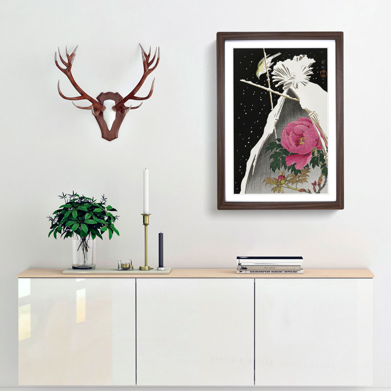 Siberian Bluechat Bird and Pink Peony by Ohara Koson - Picture Frame Painting Print, Walnut Framed, 65cm H x 48cm W x 2cm D