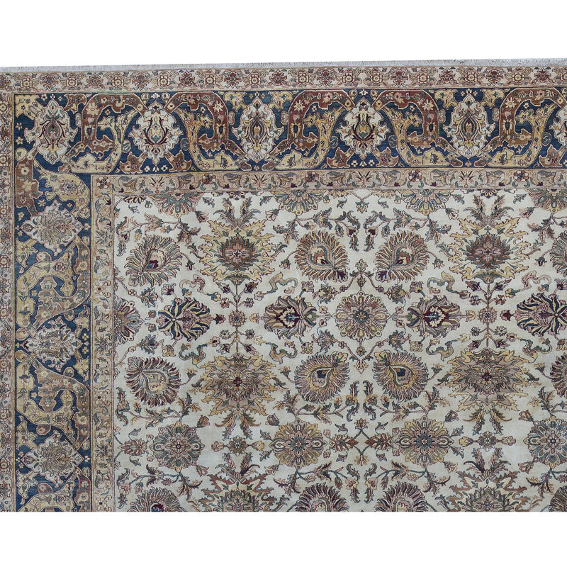 Tapis crème et bleu noué à la main de haute qualité