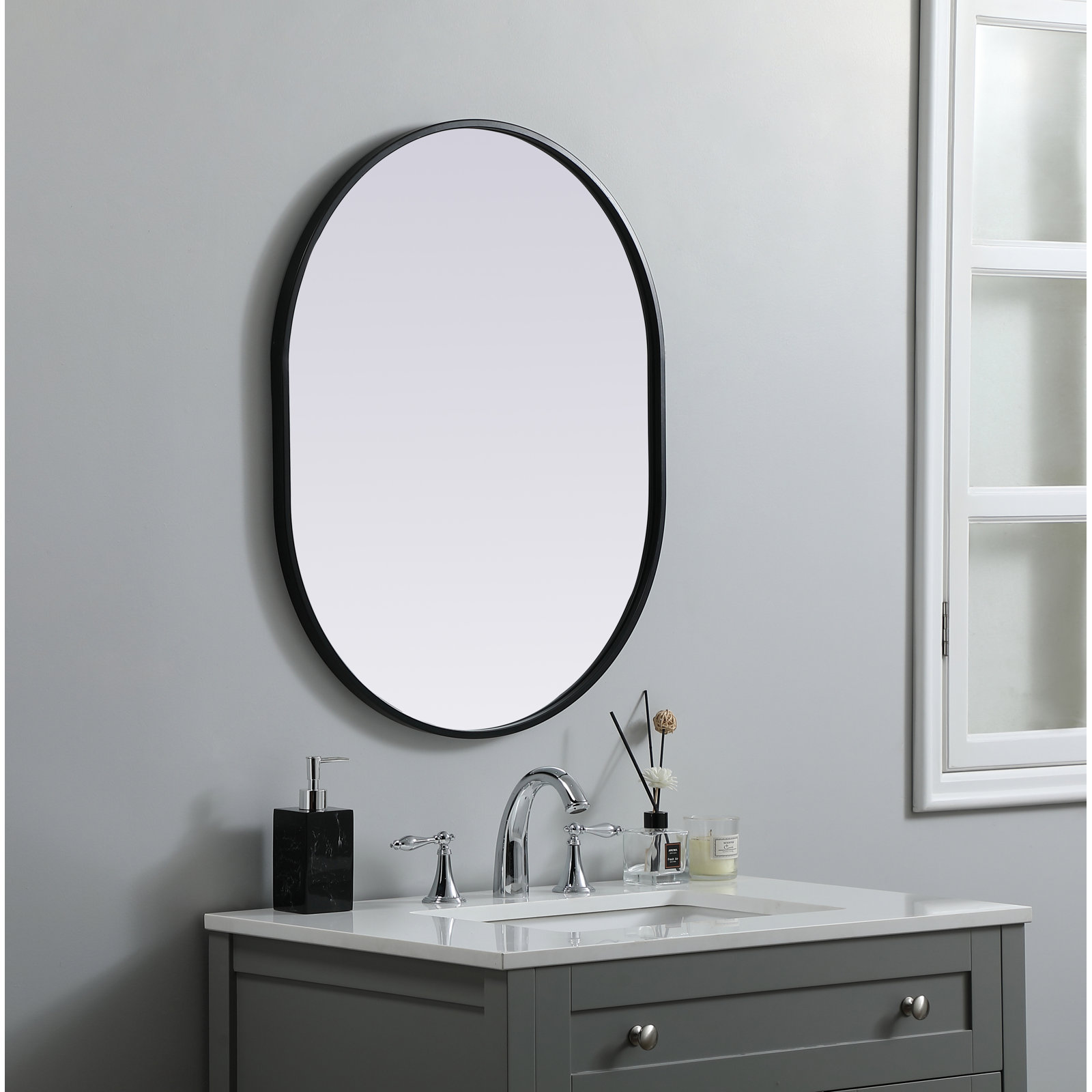 Sabine Metal Pill Wall Mirror, Black, 30" x 24"