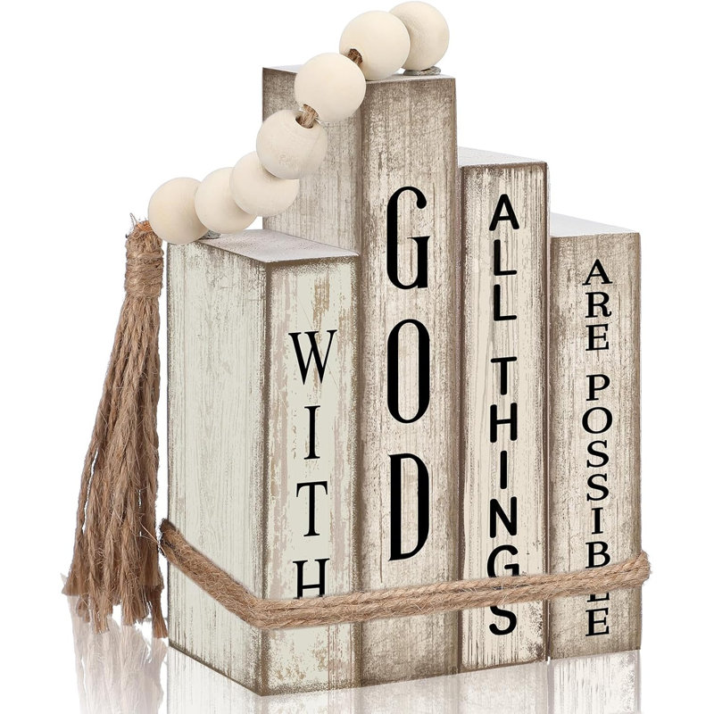 Décoration de pile de livres en bois Christian avec guirlande perlée, pompon, pièce maîtresse de table de ferme, bureau, cadeau de maison