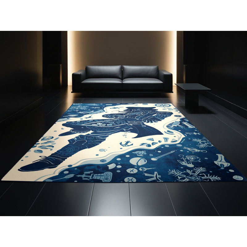 Tapis bleu moelleux moelleux à motif de blocs Dunton, 4 x 2