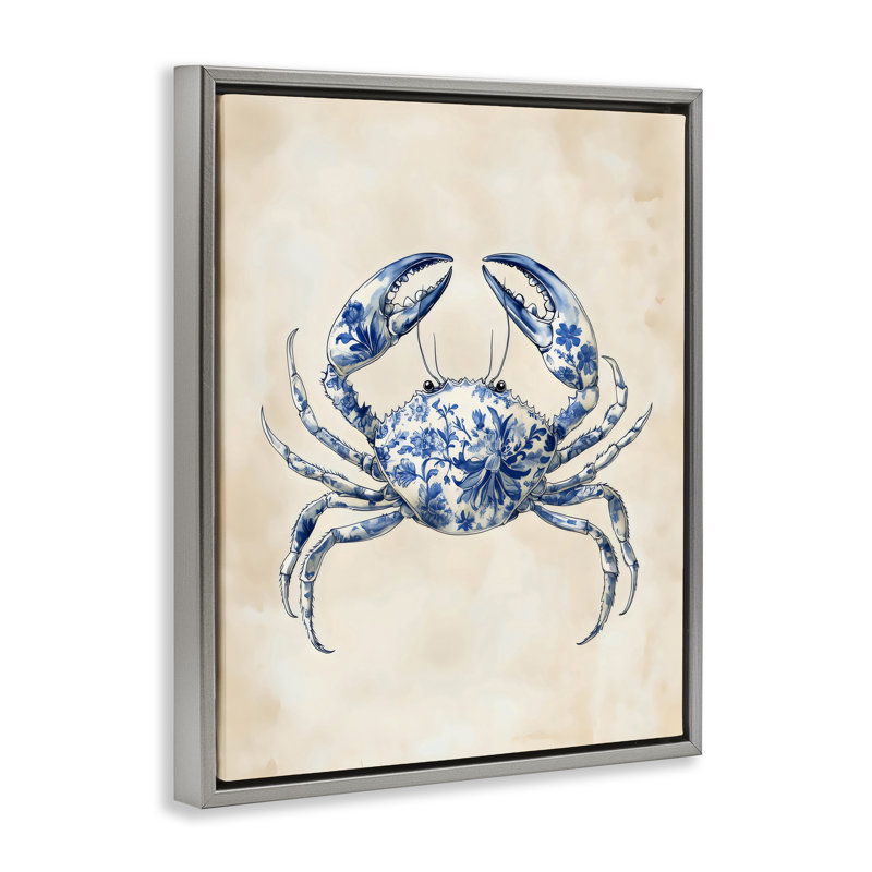 Cadre flottant bleu crabe floral, design par Arlington Prints, H 31 po x l 25 po, Cadre flottant gris lustré