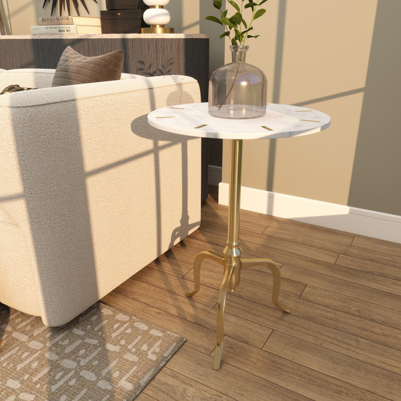 Table d'appoint latérale en marbre blanc avec incrustation dorée et base à volutes, 18 po x 18 po x 25 po