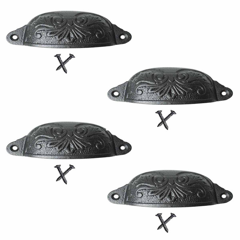Antique Black Wrought Iron Floral Cup Pulls with Mounting Hardware