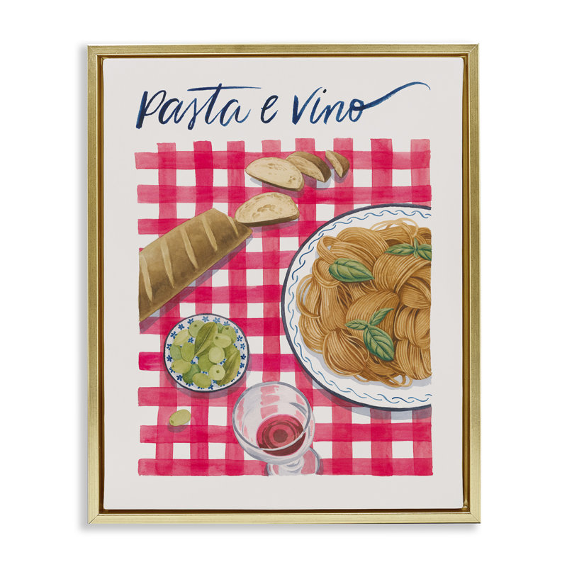  "Pasta & Wine on Tartan", art mural sur toile flottante par Grace Popp, H 21 po x l 17 po, Cadre flottant métallique doré