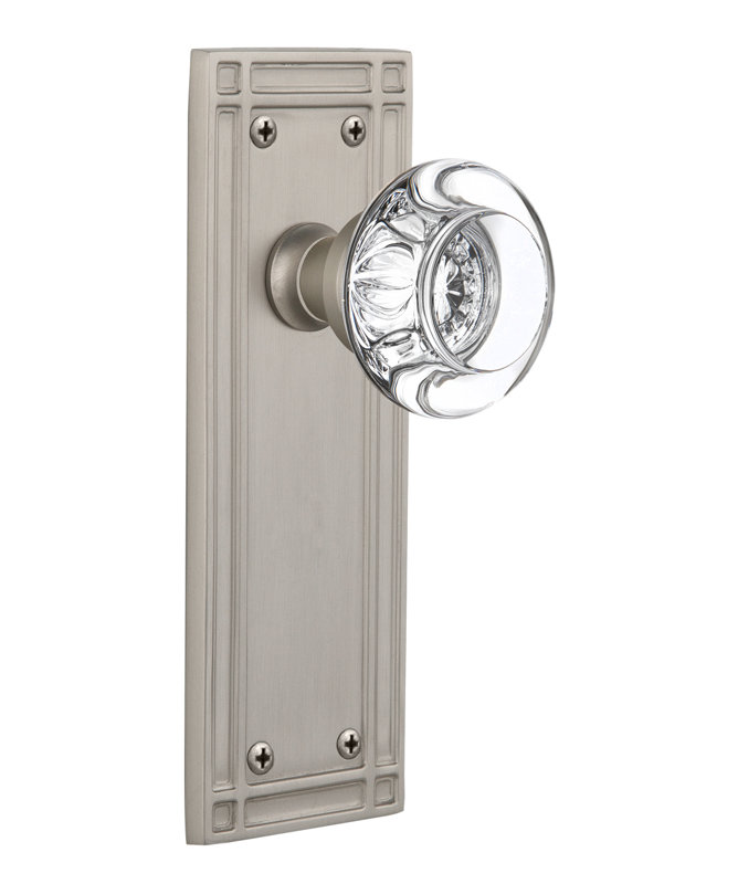 Plaque de mission avec poignée de porte ronde en cristal transparent, Nickel satiné