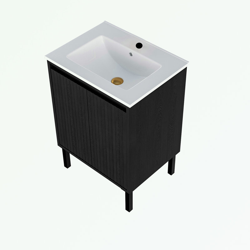Meuble-lavabo de salle de bain avec lavabo, portes doubles et pieds robustes, 24", Noir
