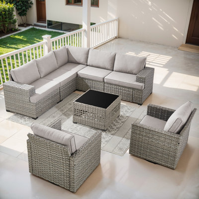 Clute Arnoltice 7 - Person Outdoor Wicker Rattan Patio Sectional Seating Group With Swivel Rocking Chairs And Coffee Table