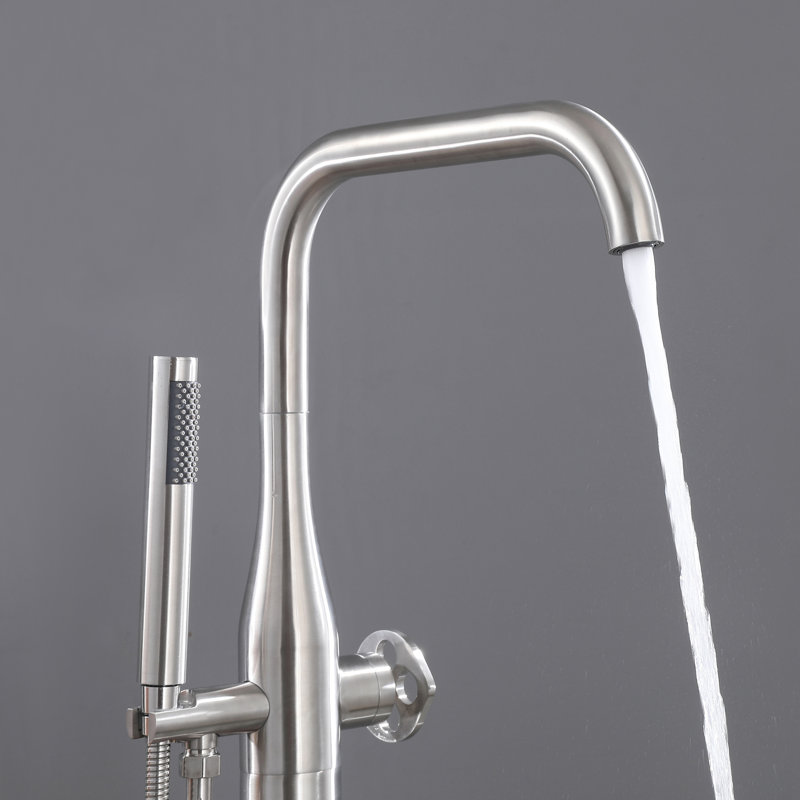 Robinet de baignoire à fixation au sol en acier inoxydable de 42 po de hauteur avec douche à main, Nickel brossé