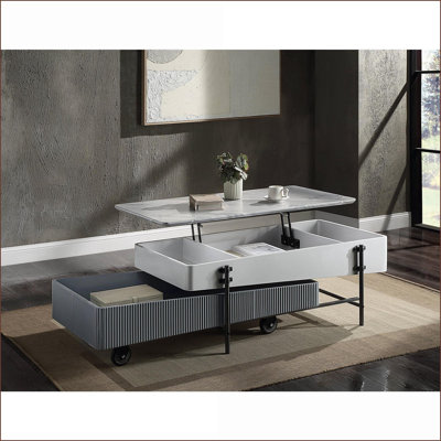 Table basse grise et blanche ultra brillante avec rangement dissimulé pour le salon, capacité de poids de 70 lb