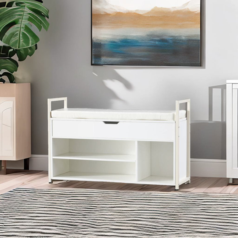 39"shoe Storage Bench With Cushion, White