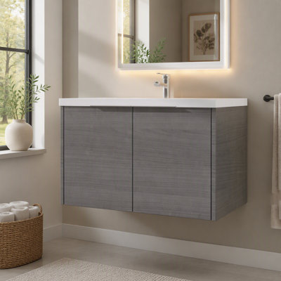 Meuble-lavabo suspendu de 91 cm avec lavabo, armoire murale en contreplaqué, porte à fermeture amortie, lavabo en céramique antidébordement