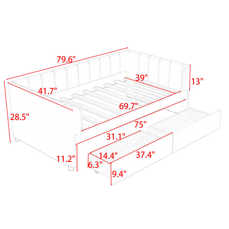 Twin Upholstered Daybed with Backrest and Drawers, Gray