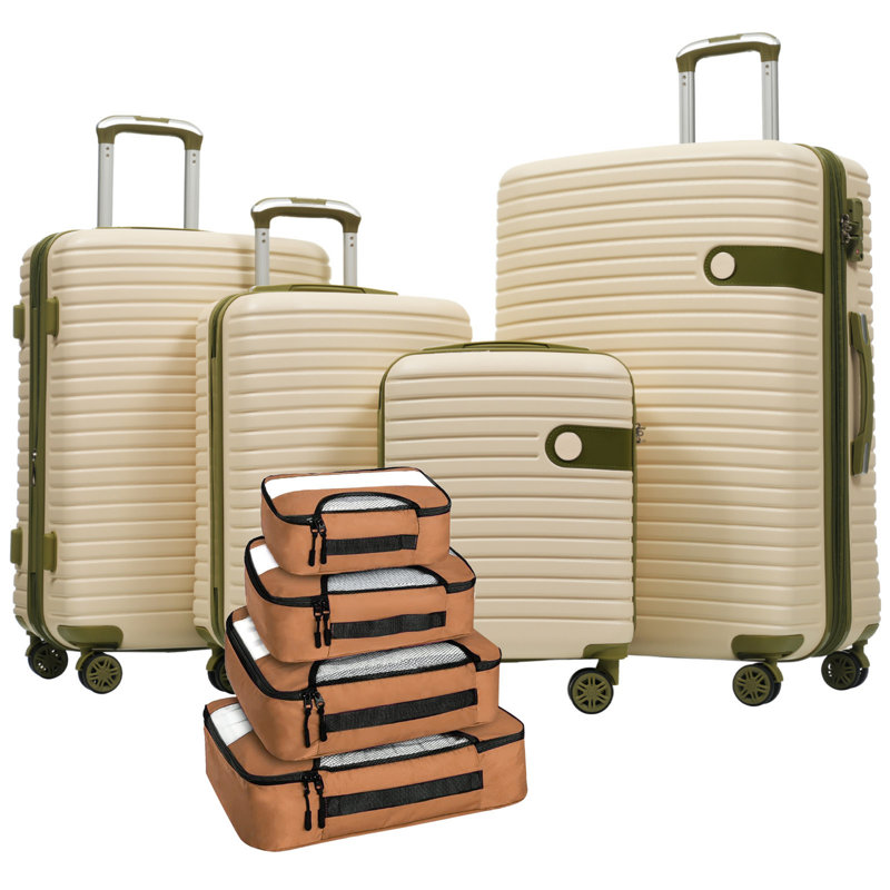 Ensemble de 4 valises extensibles en ABS avec serrure TSA et cubes de rangement, White+Green