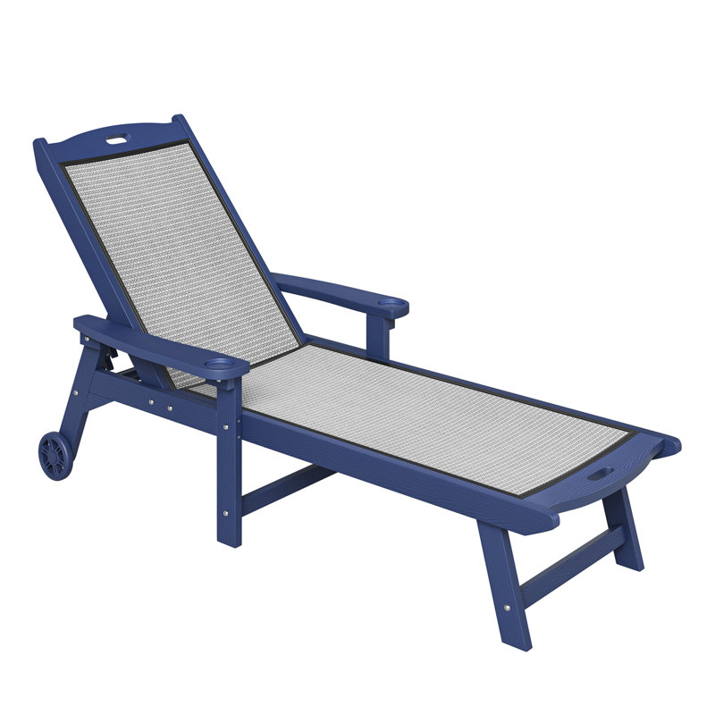 Plastic And Textilene Adjustable Patio Outdoor Chaise Lounge Chairs With Wheel Adjustable Textilene Recliner, Navy