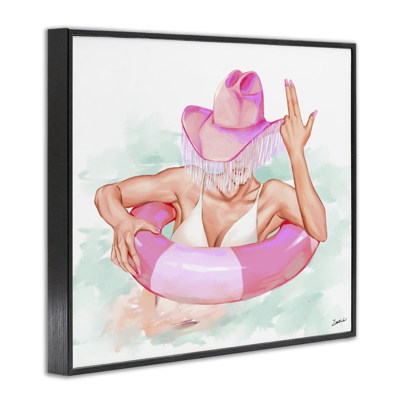 «Woman in Pool Float», estampe numérique par Ziwei Li, H 24 po x l 30 po, Giclée encadrée noir minuit