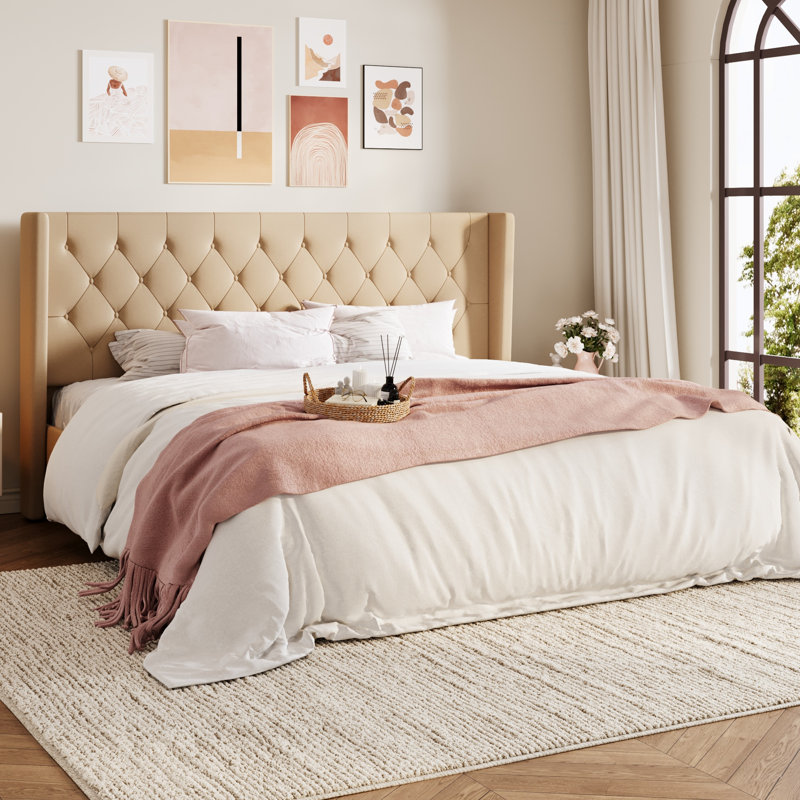 Structure de lit tapissier avec tête de lit Hilbert, Très grand, Beige
