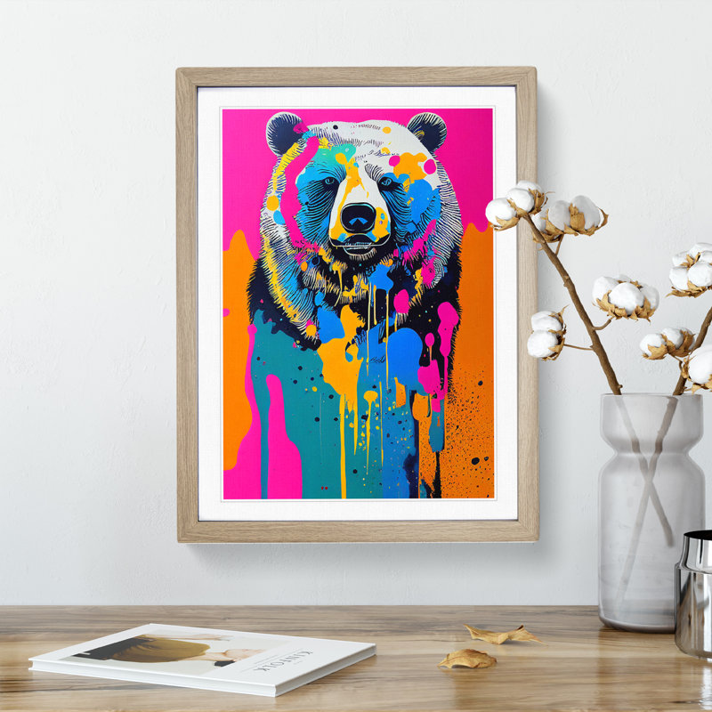 Dripping Paint Bear No.1 - Single Picture Frame Print, 64cm H x 46cm W x 2cm D, Oak