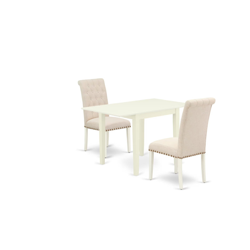 L'ensemble de salle à manger 3 pièces pour petits espaces contient une table de salle à manger rectangulaire avec Dropleaf et 2 chaises Parson en tissu beige clair, lin blanc