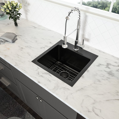 Évier de cuisine à simple cuve en acier inoxydable noir de 15 po x 15 po x 9 po T304 Nano, surface facile à nettoyer, conception de drain en forme de X, bord R10 pour l'espace, revêtement extérieur à condensation, 3 m
