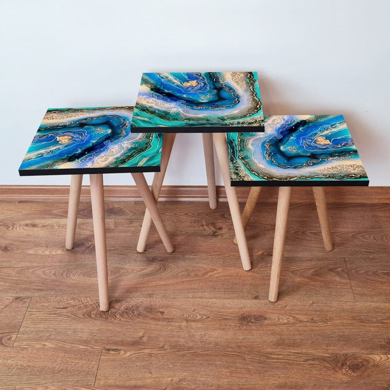 Ensemble de 3 tables gigognes élégantes en marbre abstrait, 1,4 x 1,4 x 1,4 pi | 100% panneau de fibres à densité moyenne avec pieds en bois de hêtre | Grande table: 13,8 x 20,5 x 13,8 po, moyenne: 13,8 x 18,5 x 13,8 po, petite: 13,8 x 16,5 x 13,8 po | Parfait pour le salon et la décoration moderne