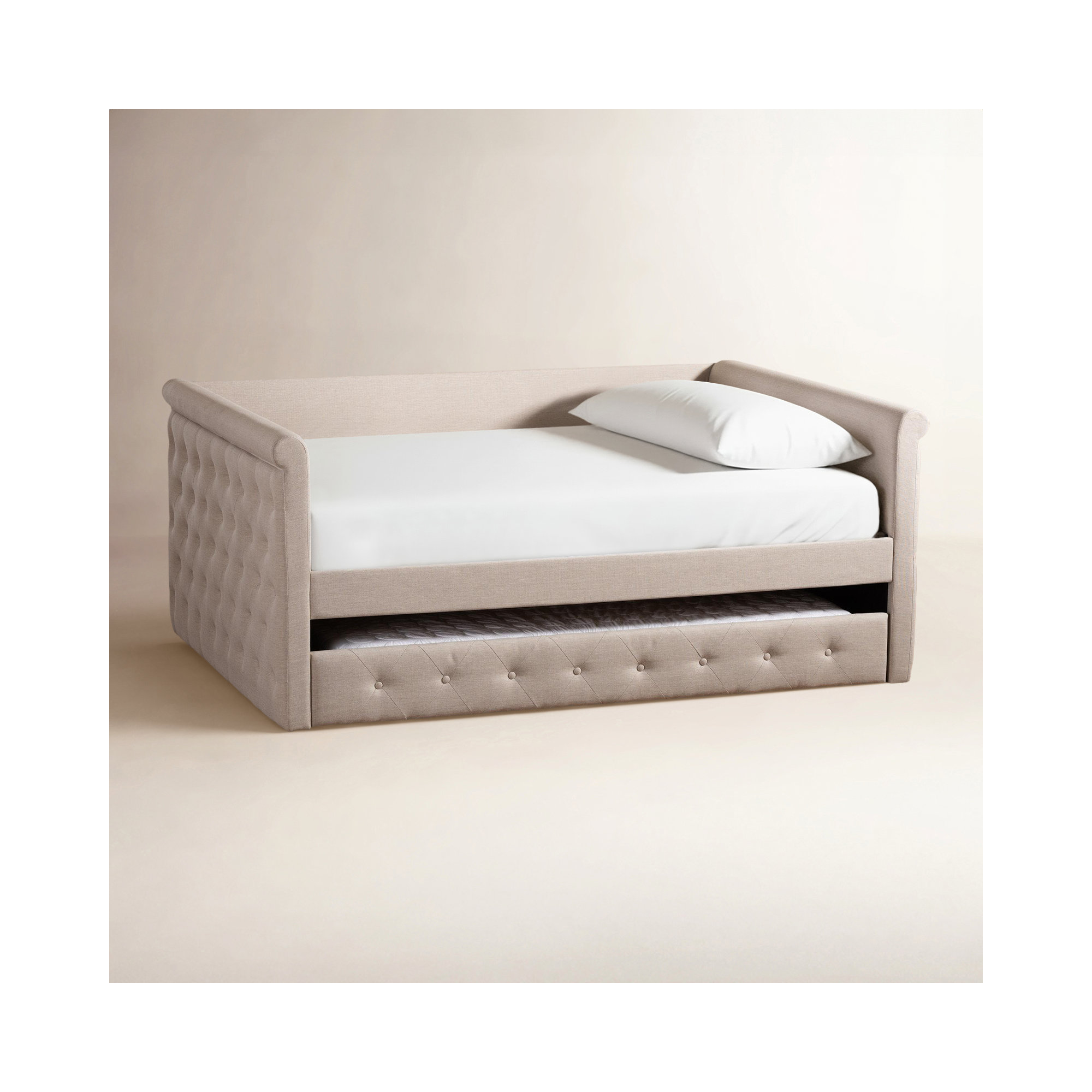 Samitha Upholstered Daybed with Trundle, Queen, Light Beige Velvet