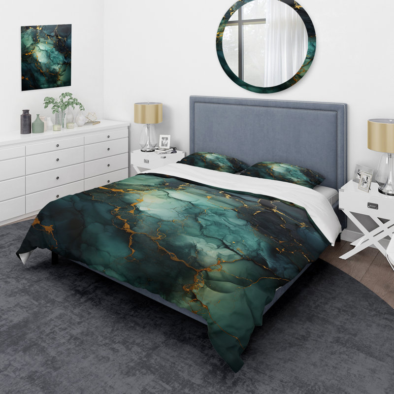 Ensemble de housse de couette en marbre abstrait doré et vert III, Housse de couette pour grand lit et 2 taies décor