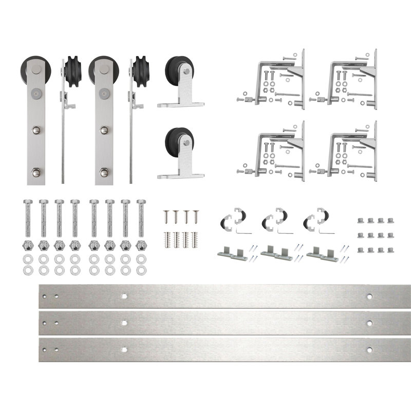 Ensemble de quincaillerie de porte de grange coulissante à triple rail en nickel brossé (pour épaisseur de porte de 1 3/8 po à 1 3/4 po), trois rails plats de 5,5 pi de long, pour trois portes intérieures (portes non incluses)