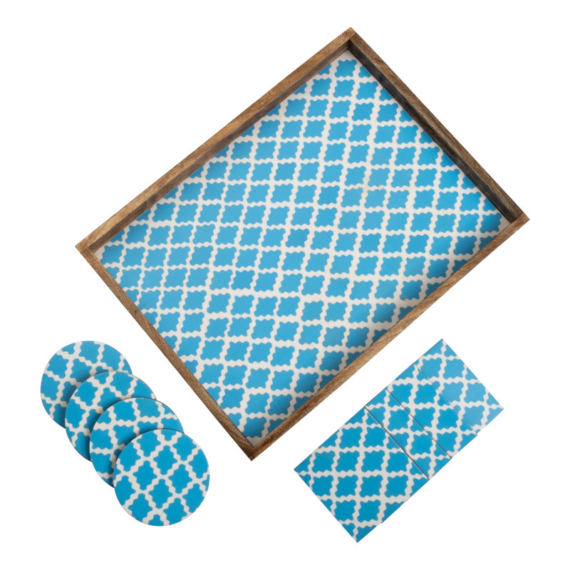 Aiesha Solid Wood Tray, White/Aqua