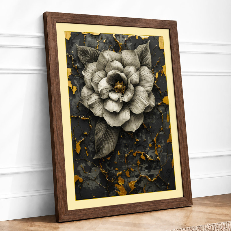Peony in Gold Botanical - Framed Print, A3 - 42.0 x 29.7 cm, Walnut