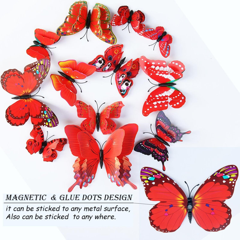 24 pièces de décorations murales papillon rouge 3D avec aimants