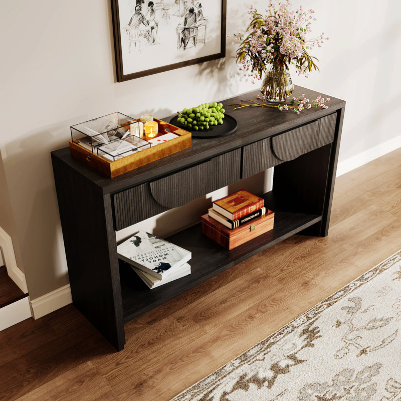 Console de style campagnard avec tiroirs de rangement et tablette ouverte, Noir