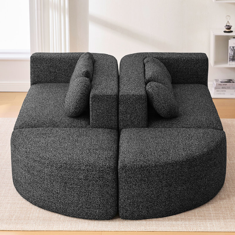 Canapé modulaire Boneless de 114,9 po avec des extrémités arrondies, un siège confortable de 24,4 po et un revêtement respirant Boucle pour le salon, 6 sièges, motif noir, profondeur d'assise, tissu doux