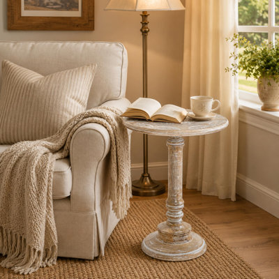 Solid Wood End Table, Whitewash Leaf Round Side Table for Bedroom