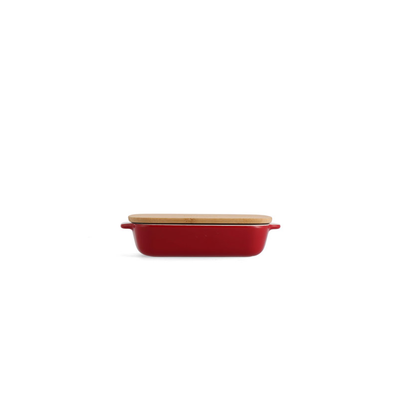KitchenAid Stoneware Rectangular Dish with Bamboo Lid, 20cm, Empire Red