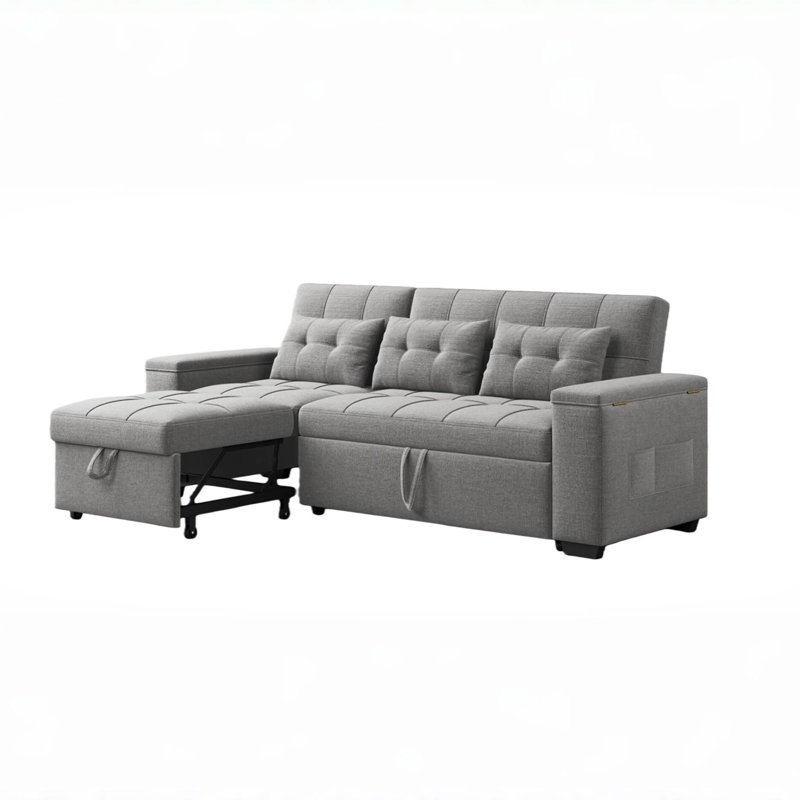 Canapé-lit rembourré avec lit escamotable et chaise longue - Accoudoirs de rangement larges et poches latérales pour le salon, la chambre à coucher ou le bureau personnel