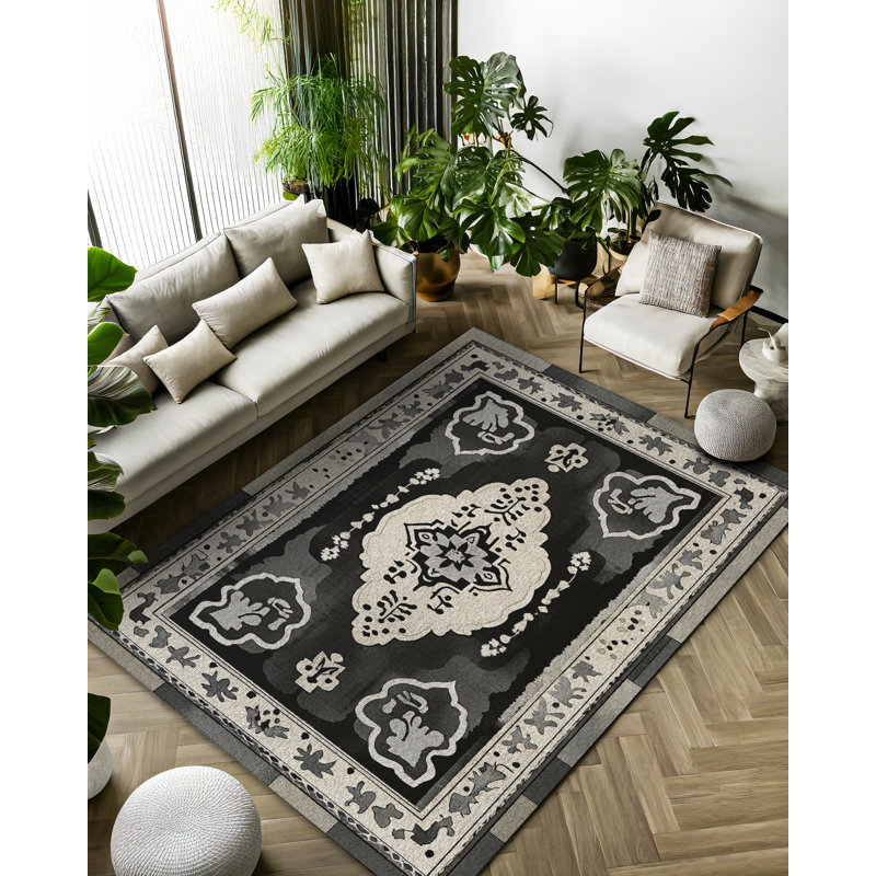 Zeira Collection Digital Print Cotton-Polyester Black Moroccan Rug, Runner 2'8" x 14'10"
