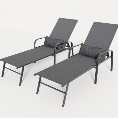 Outdoor Lounge In Modern Gray - Strong Steel Frame, Rust- Finish, Breathable Fabric, Adjustable Back 2 Patio Pool Recliner Rust Resistance, , Lumbar Pillow,