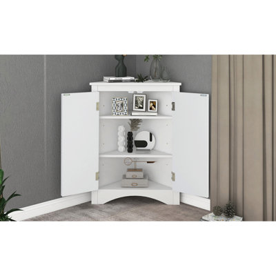 Armoire blanche triangulaire avec tablettes intérieures réglables - idéale pour un rangement efficace au sol