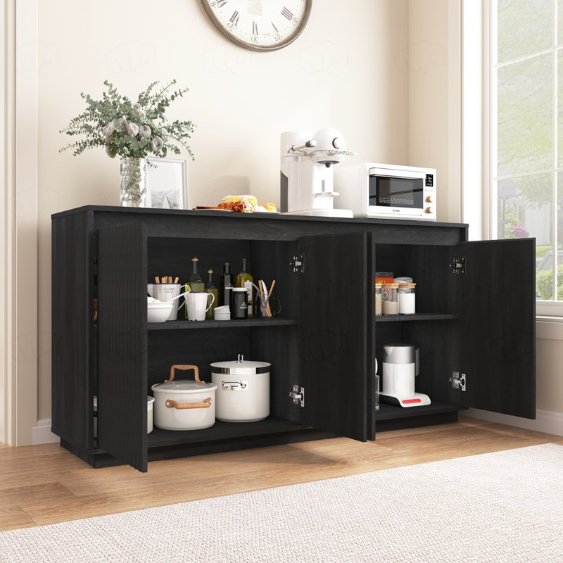 Wavy Vertical Texture Accent Cabinet with No-Handle Design, Black