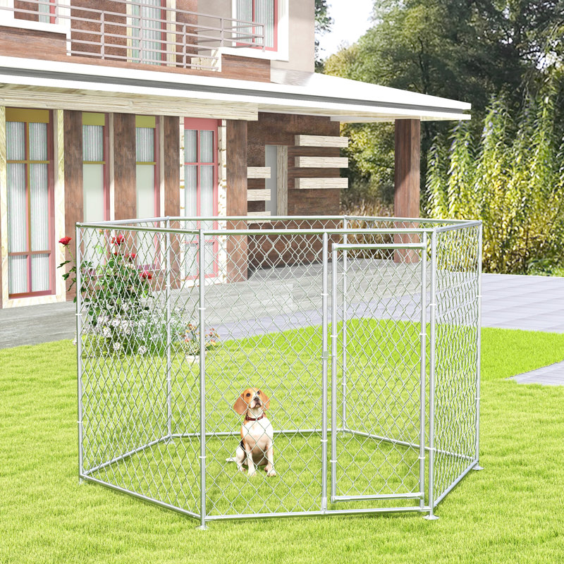 Niche pour chien argentée, 9,2 pi x 8 pi 5,6 pi. Extérieur pour chiens de taille moyenne et grande. Porte verrouillable sécurisée. Espace de jeu spacieux. Confortable. . Installation facile de 5,6 pi, argent. Pour un espace calme de taille moyenne. Weather-.