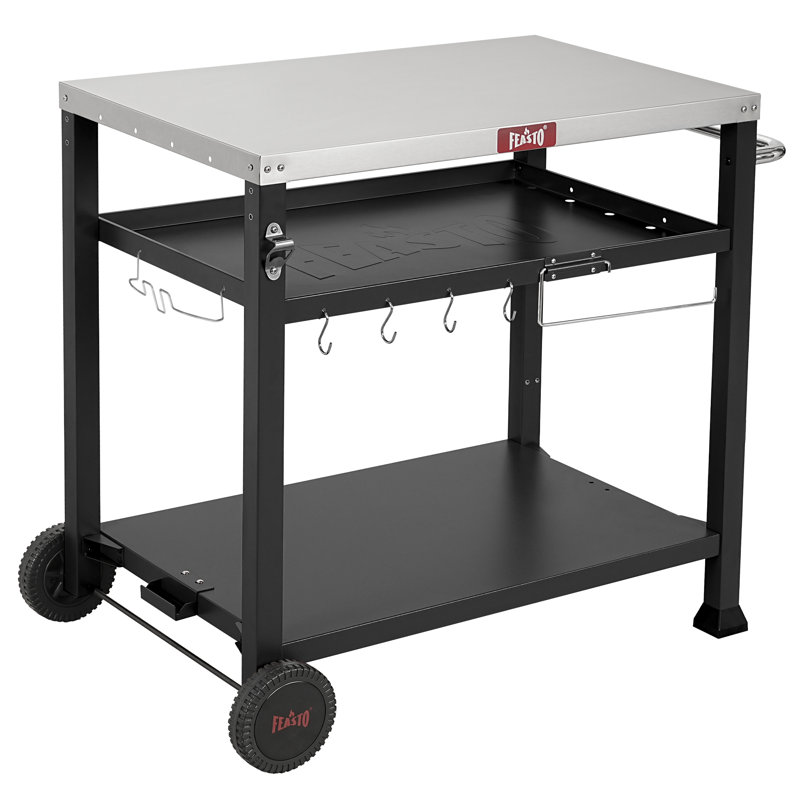 Feasto 3-Shelf Stainless Steel Movable Table with Wheels, Kitchen Cart for Indoor/Outdoor grill part, Black