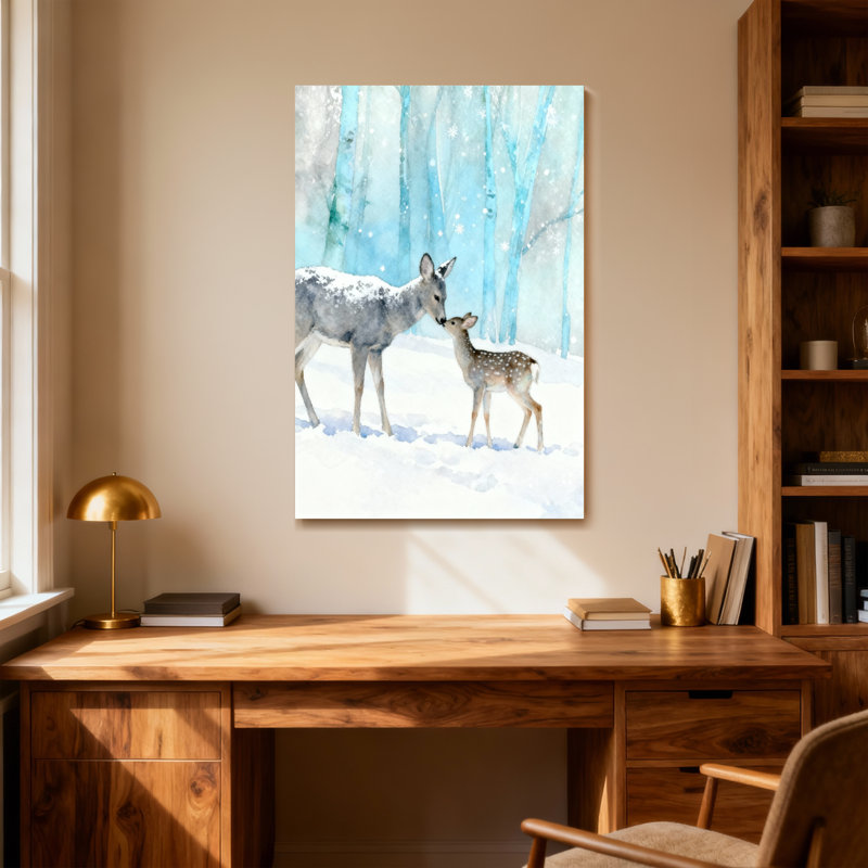 Animaux, hiver, forêt de cerfs, neige, scène artistique, H 18 po x l 12 po