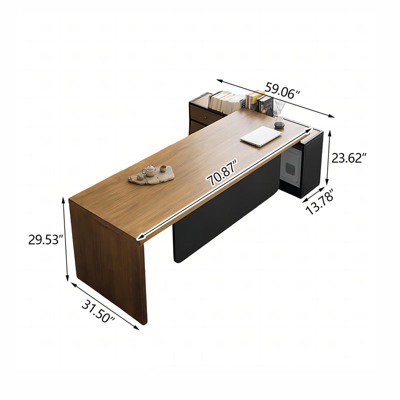 Bureau de direction en L en bois massif avec armoire gauche Burlywood, H 29,53 po x l 70,87 po x P 31,5 po, Gauche