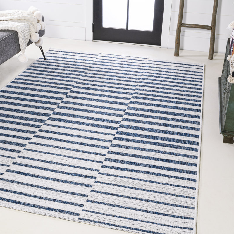 Sukie Modern Offset Stripe Ivory/Blue Indoor/Outdoor Rug, Rectangle 3'1" x 5'