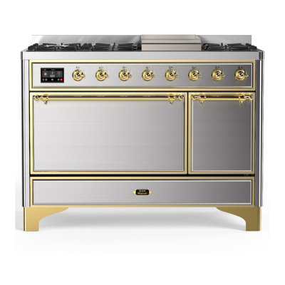 Cuisinière à double combustible de 48 pouces avec 5 brûleurs scellés de la série Majestic III en acier inoxydable (gaz naturel, garniture en laiton)