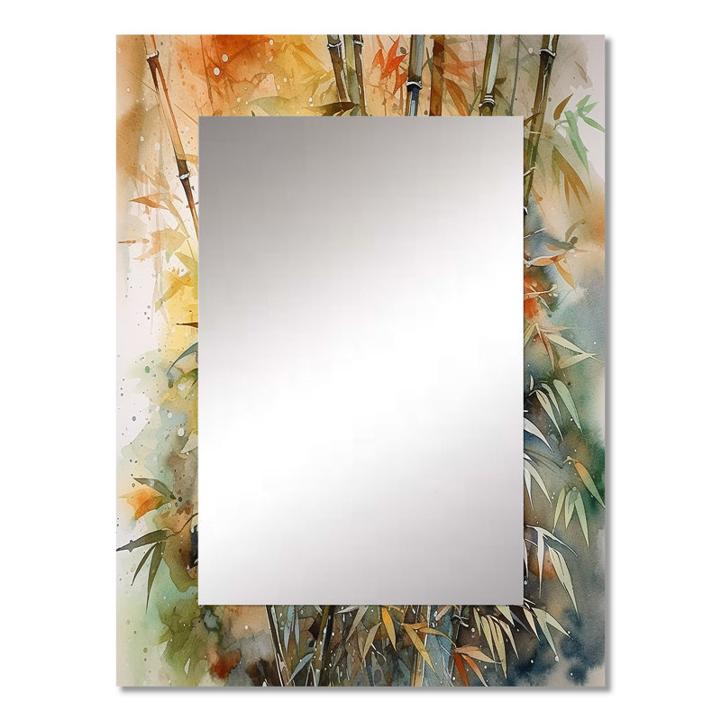 Green Floral Bamboo Bliss I - Floral Wall Mirror, Traditional Decorative Mirror, Printed Metal Art, 32" x 24"