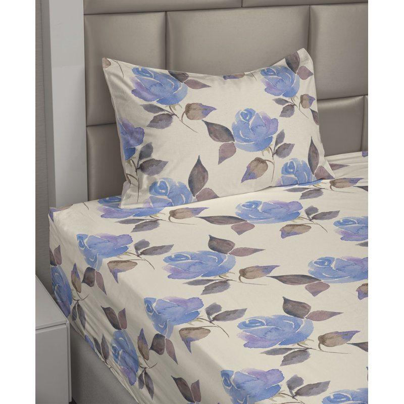 Ambesonne Watercolor Botany Sheet Set 4 Pcs Retro Boho Bloom, Champagne Lavender Blue Floral