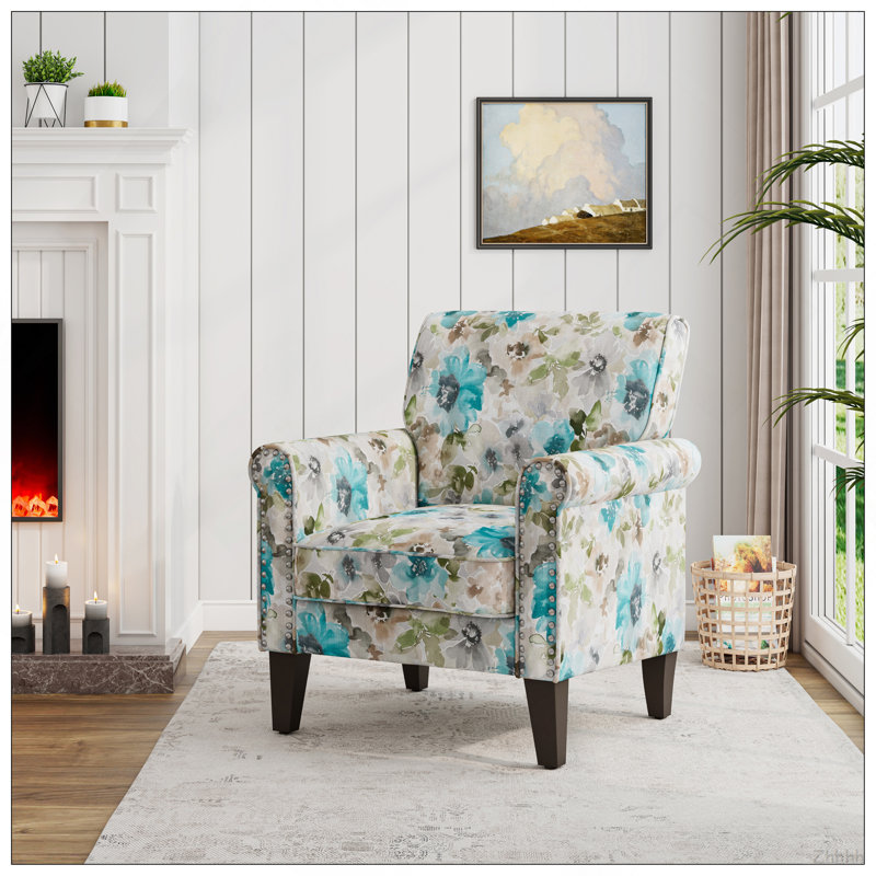 Chaise d'appoint Barnet en bleu pastel et floral gris avec pieds en bois massif, Blue
